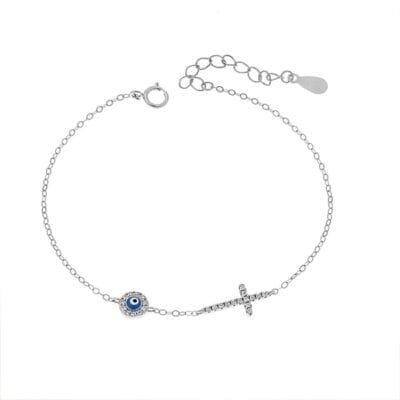 Βραχιόλι Ασήμι 925° με ματάκι γαλάζιο με σμάλτο και σταυρός με ζιργκόν