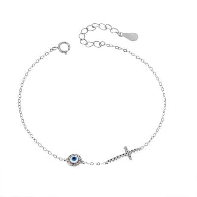 Βραχιόλι Ασήμι 925° με ματάκι λευκό και γαλάζιο με σμάλτο και σταυρός με ζιργκόν
