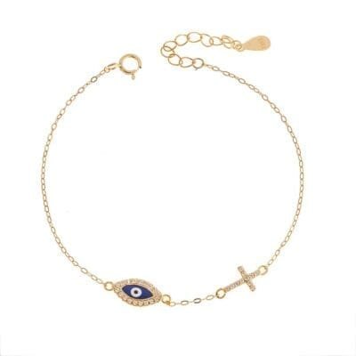 Silver 925 bracelet, gold plated blue eye and cross with cubic zirconia