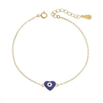 Silver bracelet 925, gold plated heart with blue eye