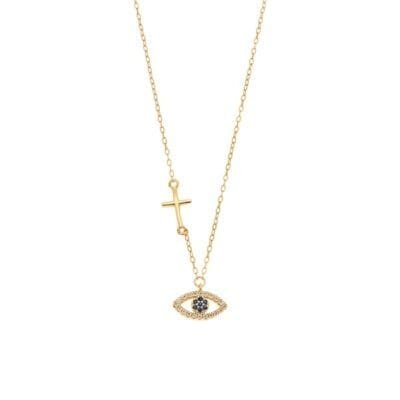Gold plated sterling silver necklace, blue eye with cubic zirconia and cross