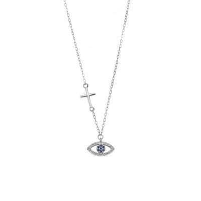 Necklace Silver 925° Pendant with blue eye with zircon and cross