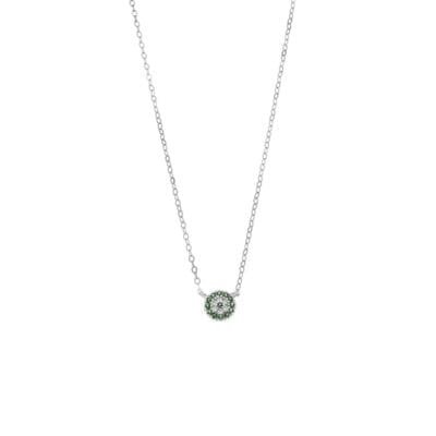Sterling silver necklace, green target eye with cubic zirconia