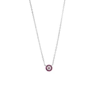 Sterling silver necklace, fuchsia eye-target with cubic zirconia