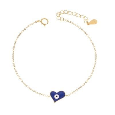 Silver bracelet 925, gold plated heart with blue eye