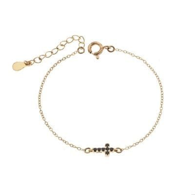 Silver 925 Gold Plated bracelet, cross with black & white double sided cubic zirconia
