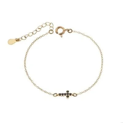 Silver 925 Gold Plated bracelet, cross with black & white double sided cubic zirconia