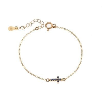 Silver 925 Gold Plated bracelet, cross with blue & white cubic zirconia double sided