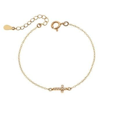 Silver 925 Gold Plated bracelet, cross with fuchsia & white cubic zirconia double sided