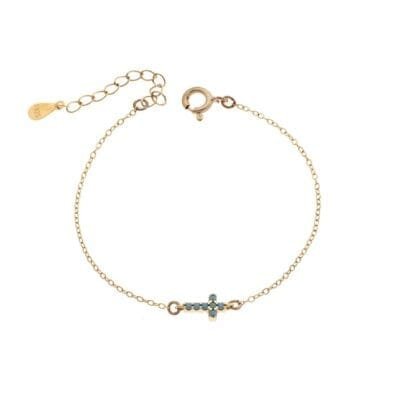 Silver 925 Gold Plated bracelet, double sided cross with turquoise & white cubic zirconia