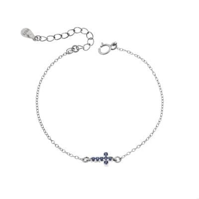 Silver 925 bracelet, cross with blue & white cubic zirconia double sided