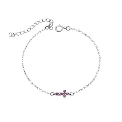 Silver 925 bracelet, cross with fuchsia & white cubic zirconia double sided