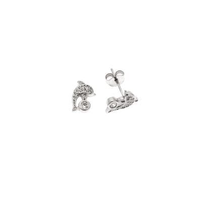 Σκουλαρίκια Ασήμι 925°  Καρφωτά δελφινάκι με λευκά ζιργκόν