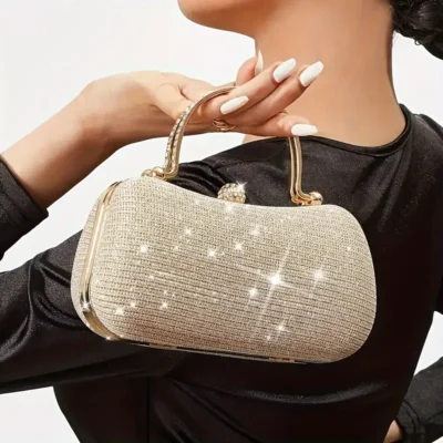 Τσαντάκι Clutch Σκληρό με Strass με χερούλια σε χρυσό χρώμα