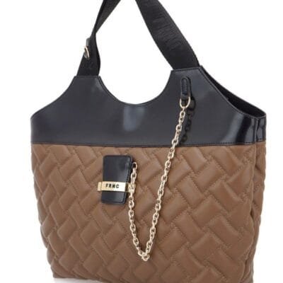 FRNC Tote bag with quilted key chain and black leather trim in brown color