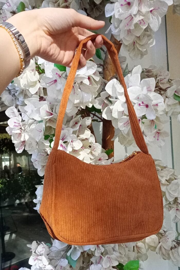 Soft Top Handle bag with corduroy fabric in brick color