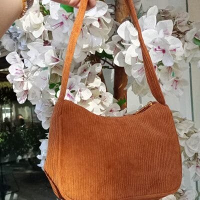 Τσαντάκι Top Handle μαλακό με κοτλέ ύφασμα σε κεραμιδί χρώμα