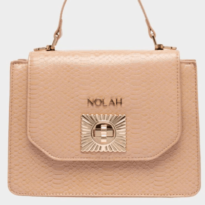 Nolah Top Handle bag with gold logo in beige color