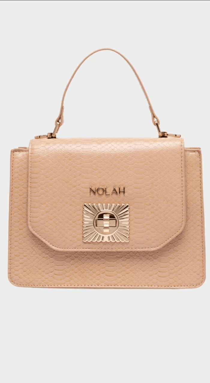 Nolah Top Handle bag with gold logo in beige color