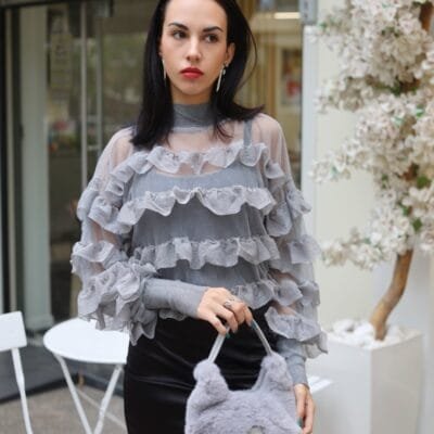 MaxFly Top Handle Fur Bag in grey color