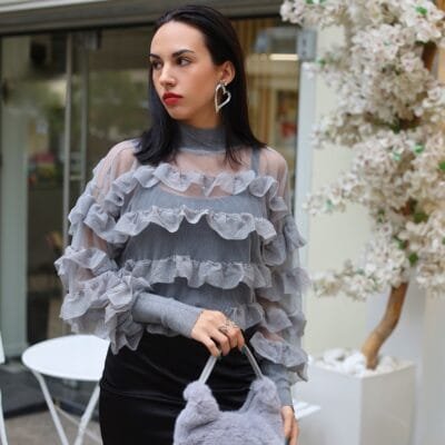 Μπλούζα Διάφανη με Φραμπαλά σε γκρι χρώμα