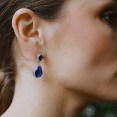 Σκουλαρίκια Stainless Steel Κρεμασστά με μπλε πέτρα και strass