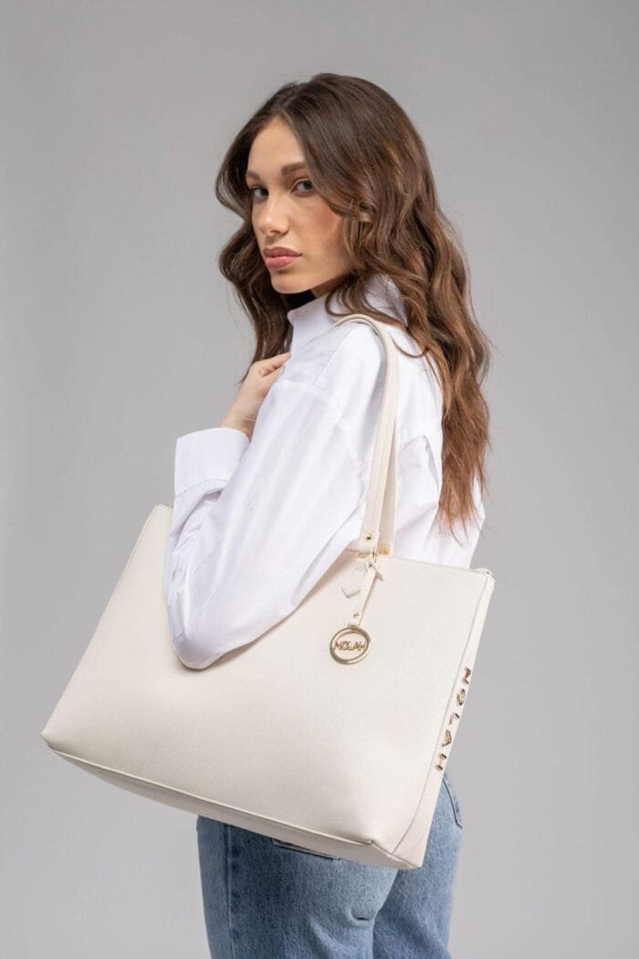 Bag Nolah Tote with gold logo key ring in white color