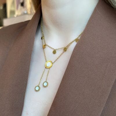 Κολιέ Stainless Steel Μενταγιόν με διπλή αλυσίδα με λευκό σχέδιο με κύκλους