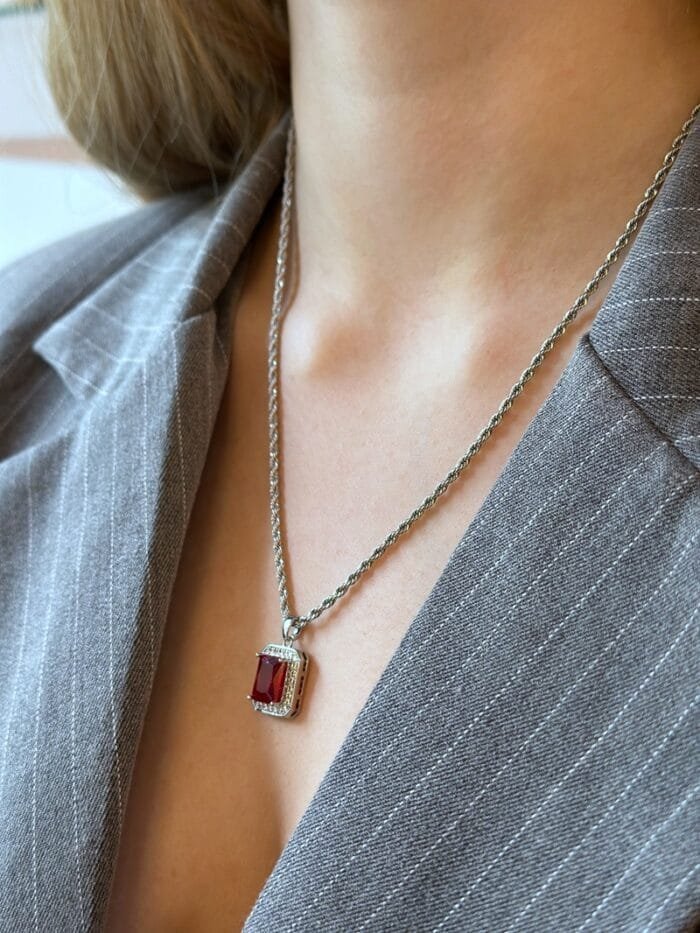 Stainless Steel Necklace Pendant with red stone and rhinestones