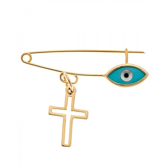 Gold plated silver brooch 925° with light blue eye and cross