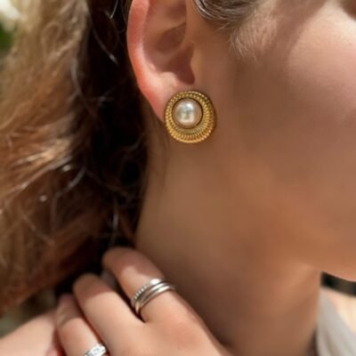Σκουλαρίκια Stainless Steel Με Κλιπ με πέρλα και χρυσό στεφάνι
