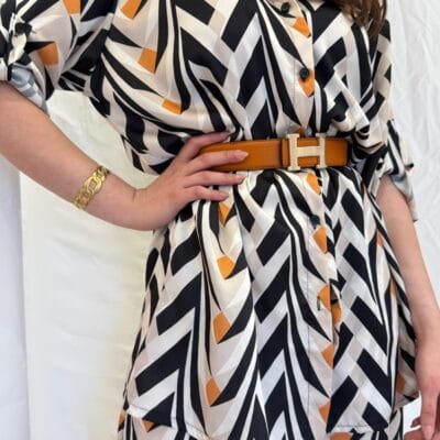 Σετ Πουκαμίσα Παντελόνι με ριγέ μαύρο και πορτοκαλί σχέδιο σε λευκό χρώμα