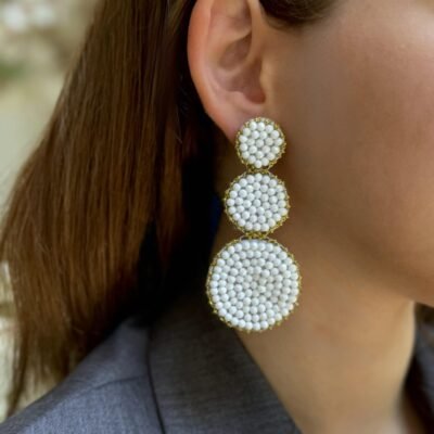 Σκουλαρίκια Stainless Steel Κρεμαστά Υφασμάτινα με χρυσές και λευκές λεπτομέρειες