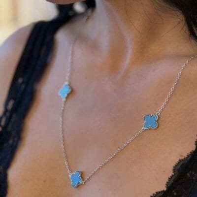 Κολιέ Ασήμι 925° μακρύ με γαλάζια λουλούδια